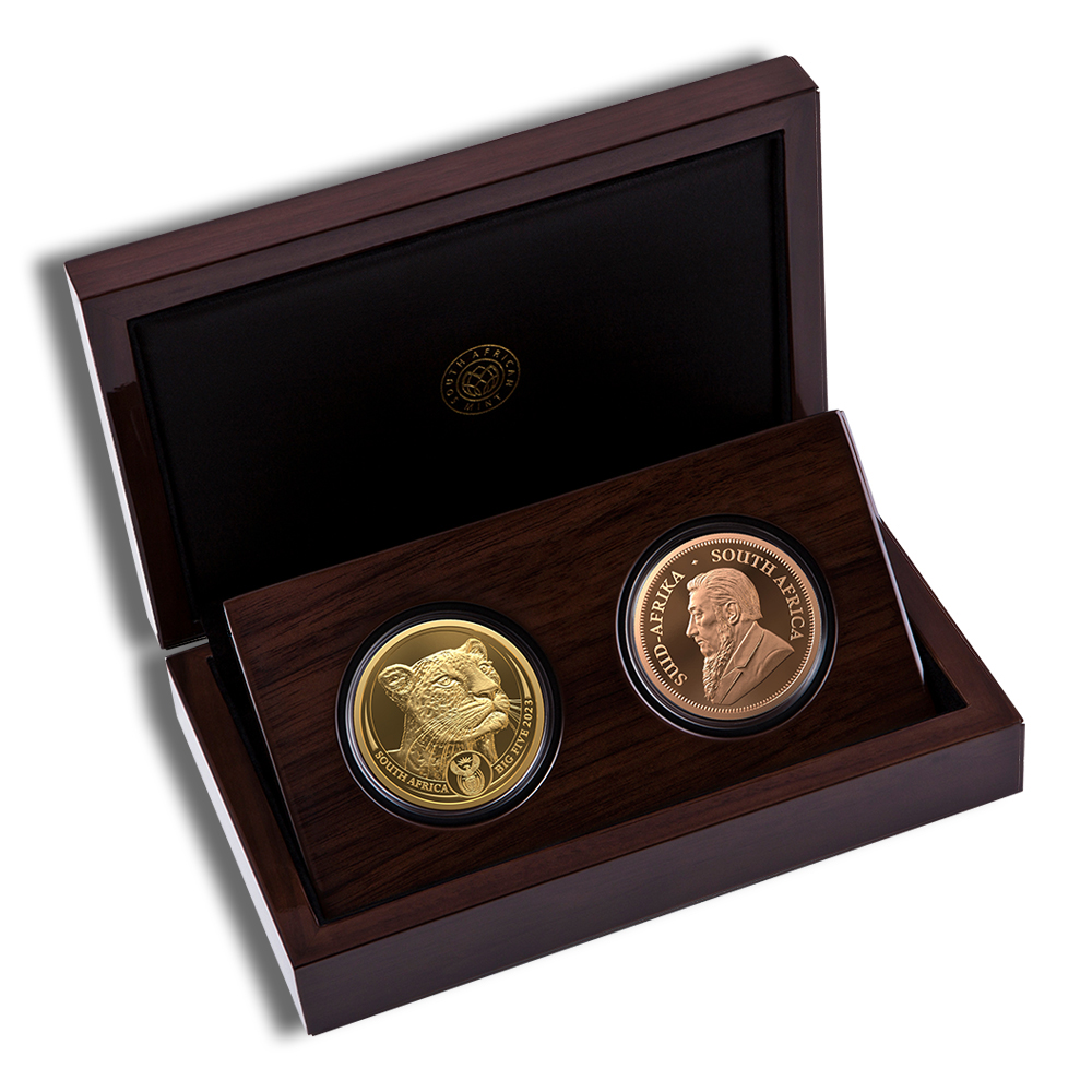 2023 2 Coin 1 Oz Gold South Africa Krugerrand and 1 Oz Big 5 Leopard Proof Set - BU (with Box and COA)