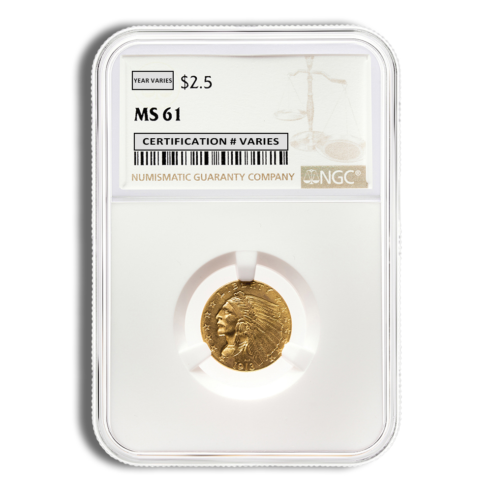 $2.5 Gold Indian Quarter Eagle - NGC MS61 (Random Year)