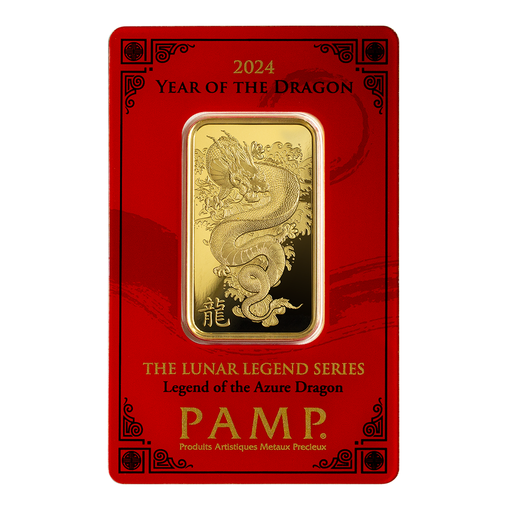 1 Oz Gold Bar - PAMP Suisse Lunar Series Azure Dragon (In Assay Card)