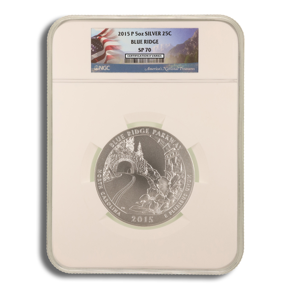 2015-P 5 Oz America The Beautiful Blue Ridge Parkway Silver Coin - NGC SP70