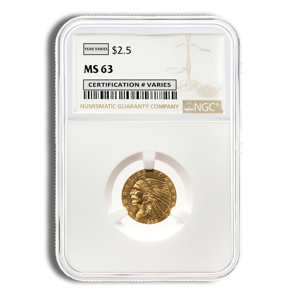 $2.5 Gold Indian Quarter Eagle - NGC MS63 (Random Year)