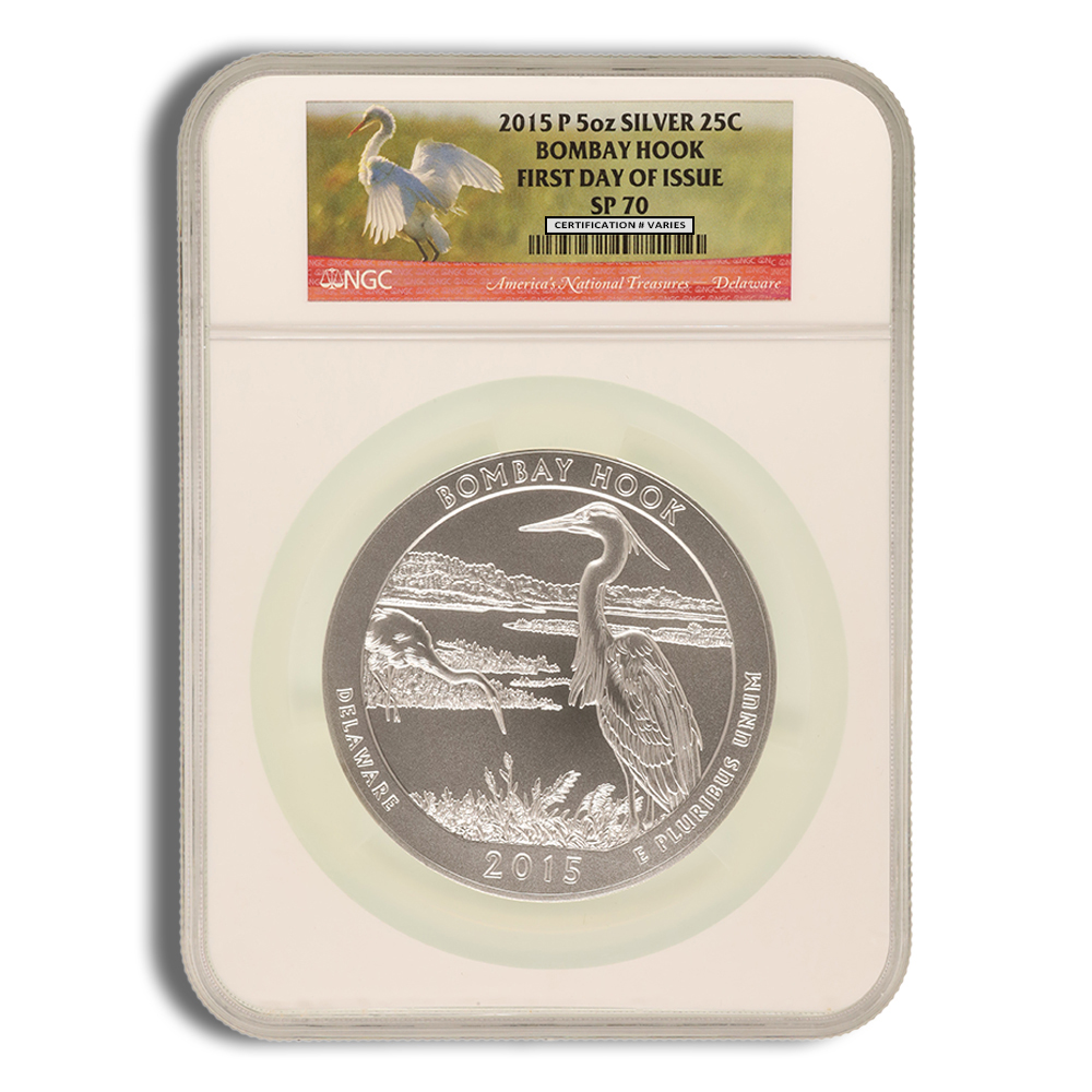 2015-P 5 Oz America The Beautiful Bombay Hook Silver Coin - NGC SP70