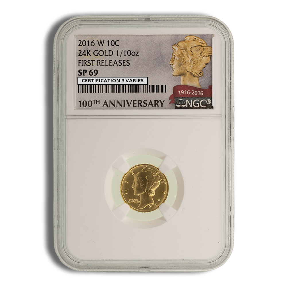 2016-W 1/10 Oz Gold Mercury Dime Centennial - NGC SP69