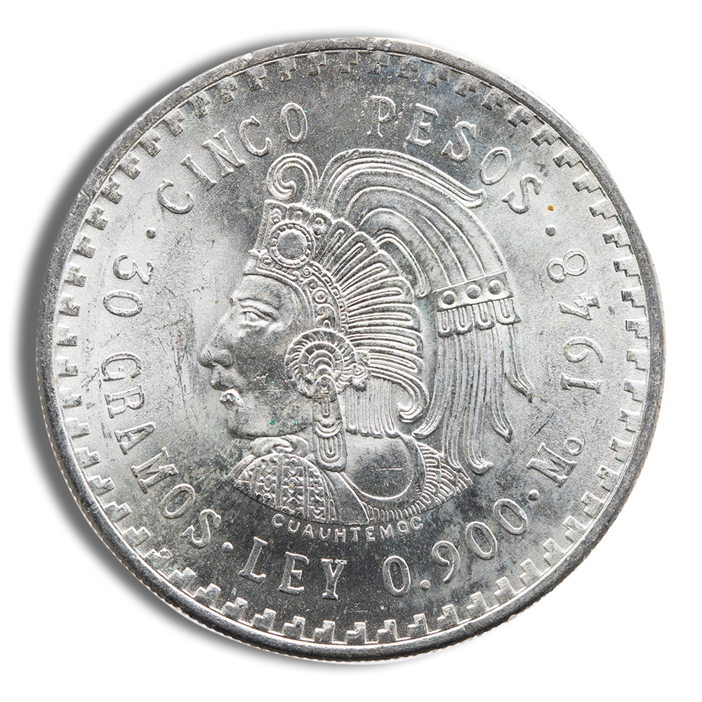 1947-1948 Mexico Silver Cinco Pesos Cuauhtemoc - XF+ Condition