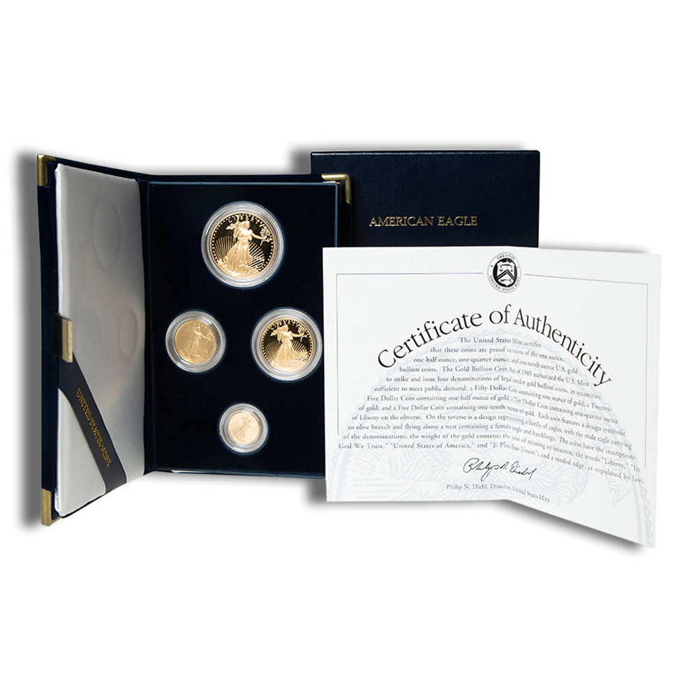 Four Coin Proof Gold American Eagle Set 1 Oz, 1/2 Oz, 1/4 Oz, 1/10 Oz - BU (Random Year, with Box and COA)