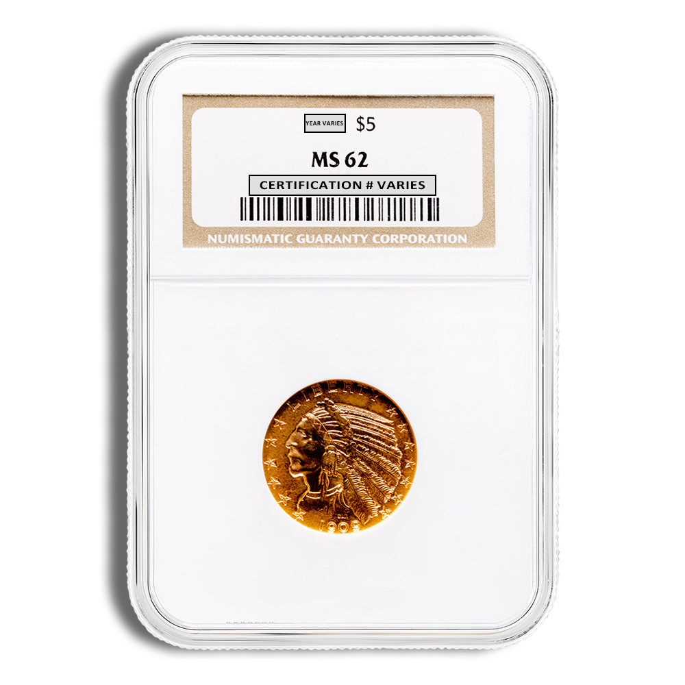 $5 Gold Indian Half Eagle - NGC MS62 (Random Year)