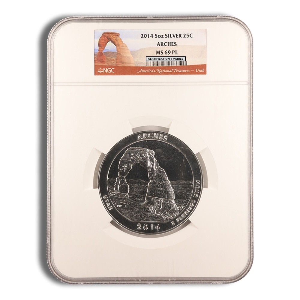 2014 5 Oz America The Beautiful Arches Silver Coin - NGC MS69PL