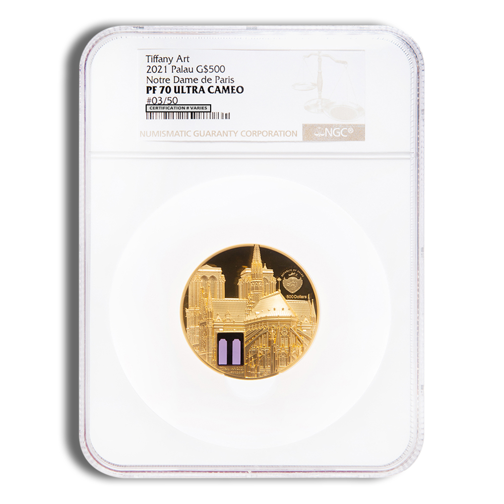 2021 5 Oz Palau Gold Tiffany Art Notre Dame - NGC PF70