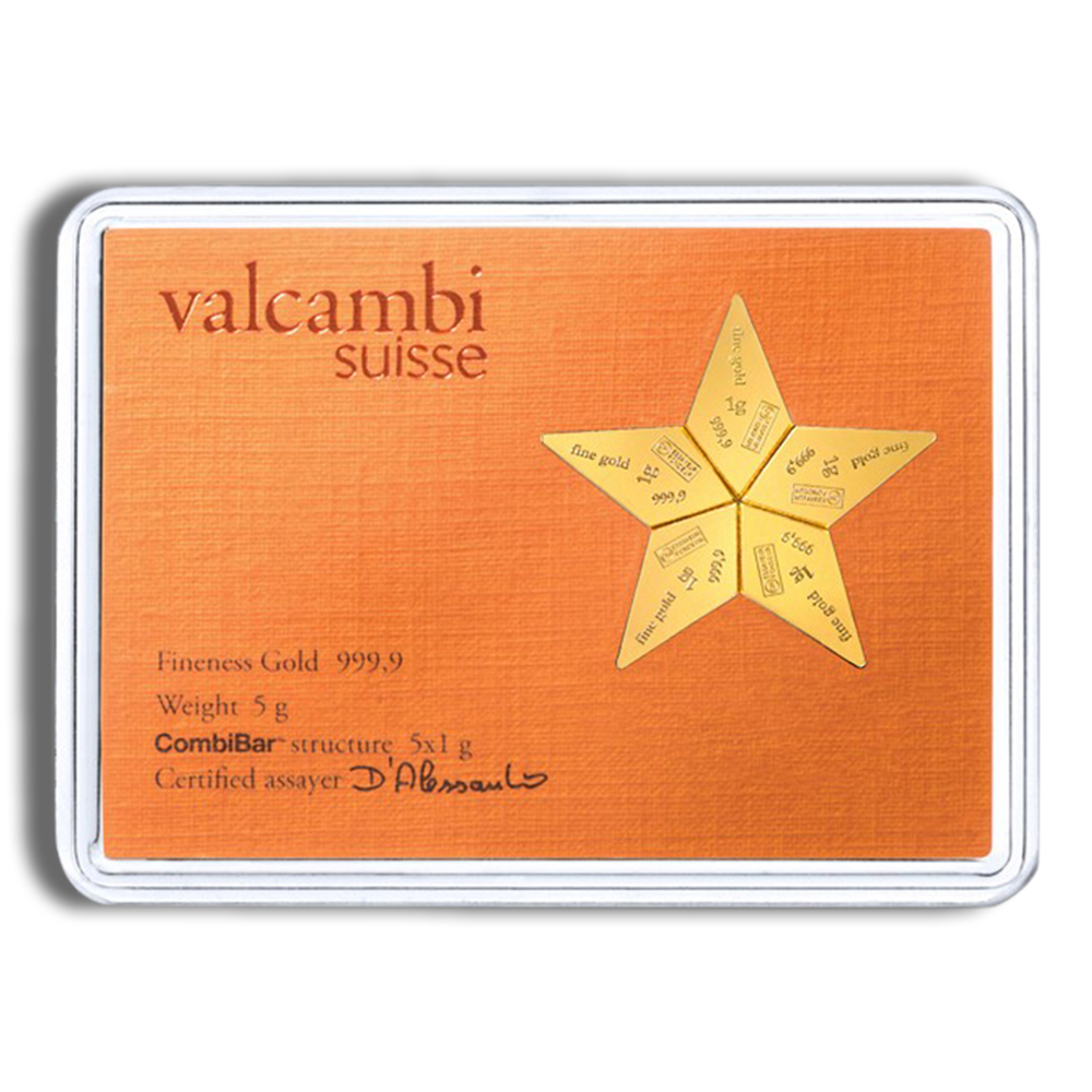 5 x 1 Gram Gold Bar Valcambi CombiBar™ Star (In Assay Card)