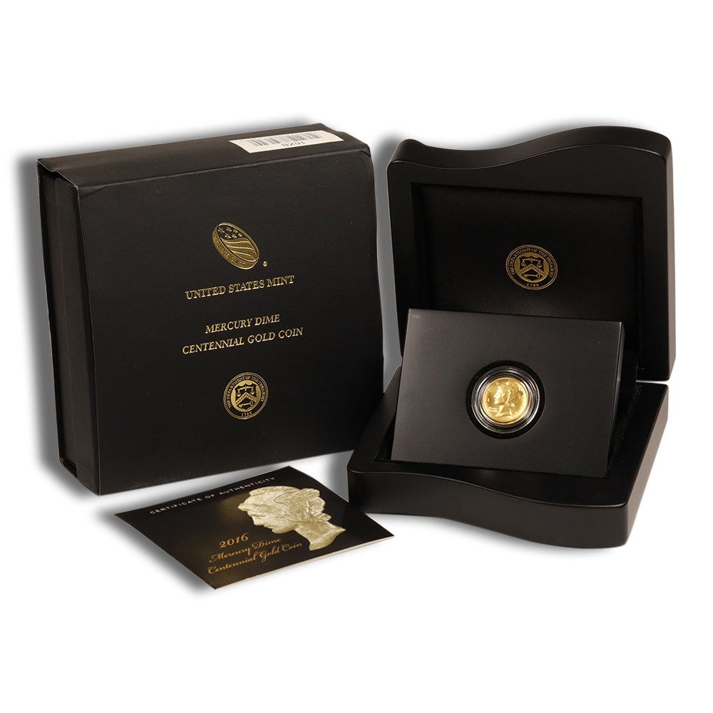 2016-W 1/10 Oz Gold Mercury Dime Centennial Coin - BU (with Box and COA)