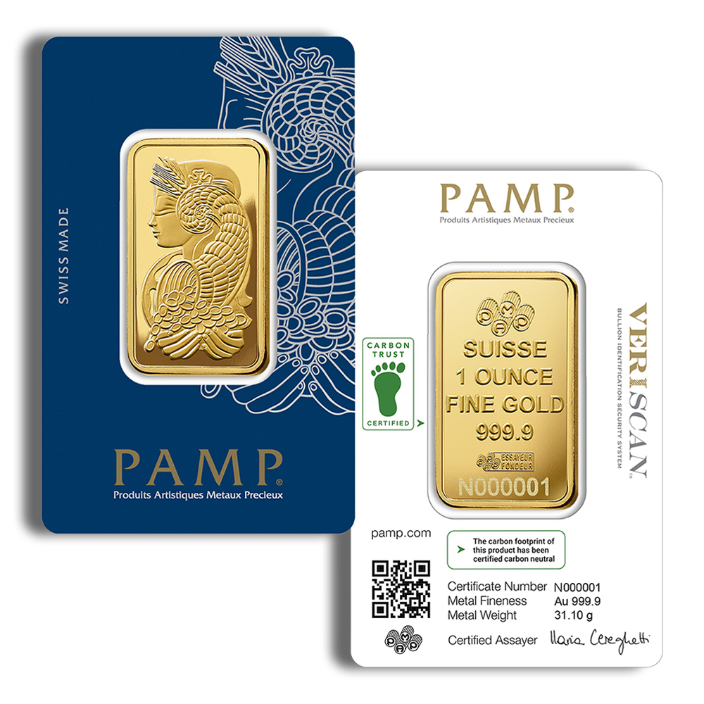 1 Oz Gold Bar - PAMP Suisse Lady Fortuna Carbon Neutral (In Assay Card)