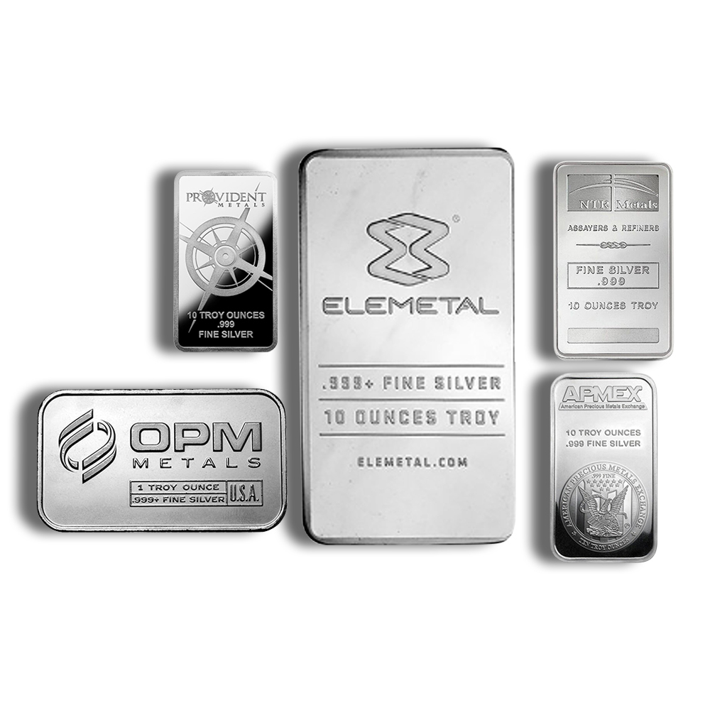 10 Oz Silver Bar (NTR, Elemetal, OPM, APMEX, or Provident)