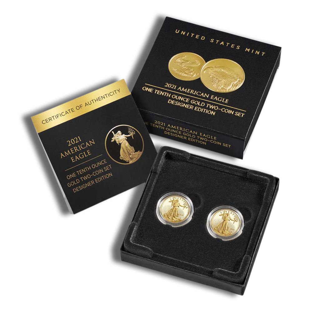 2021 1/10 Oz Gold American Eagle Designer 2 Coin Proof Set - BU (with Box and COA)