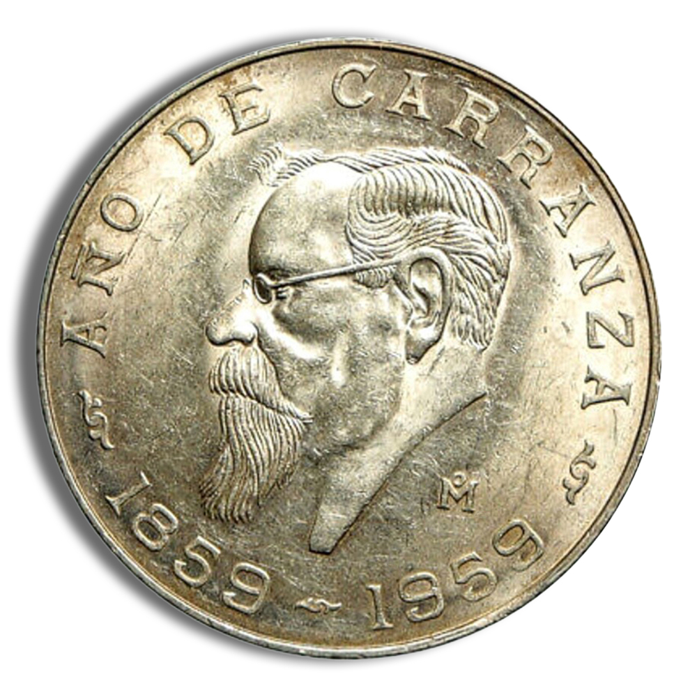 1959 Mexico 5 Pesos Carranza Silver Coin - XF+