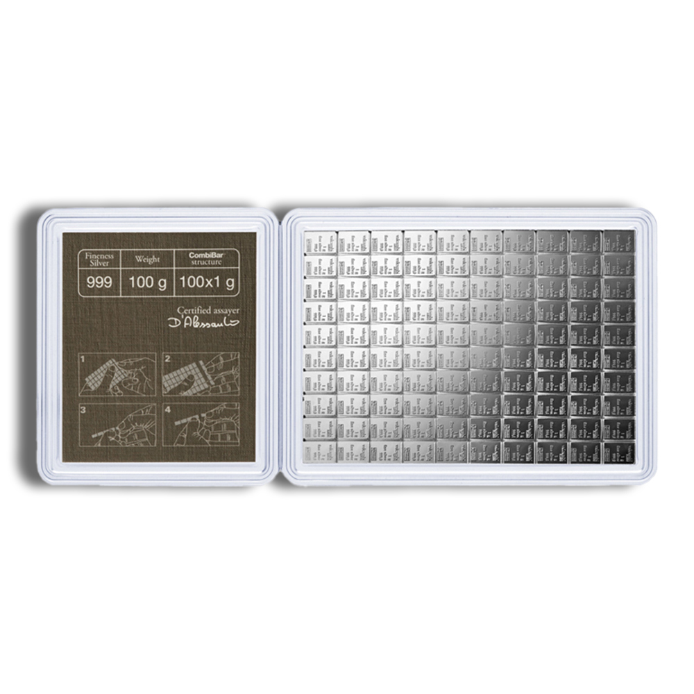 100 x 1 Gram Silver Bar Valcambi CombiBar™ (In Assay Card)