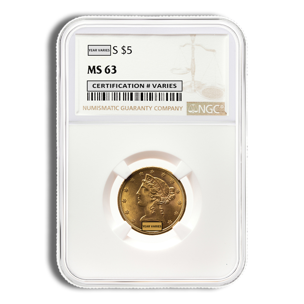 $5 Gold Liberty Half Eagle - NGC MS63 (Random Year)