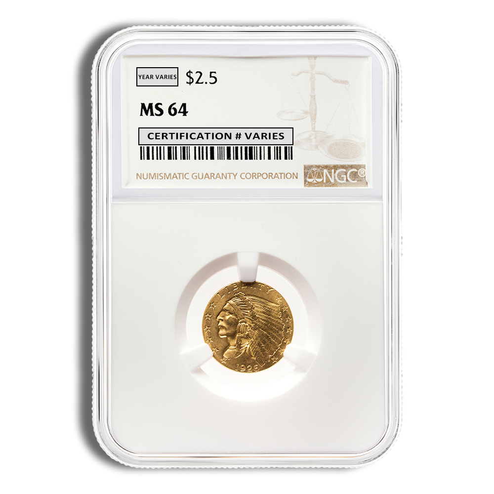 $2.5 Gold Indian Quarter Eagle - NGC MS64 (Random Year)