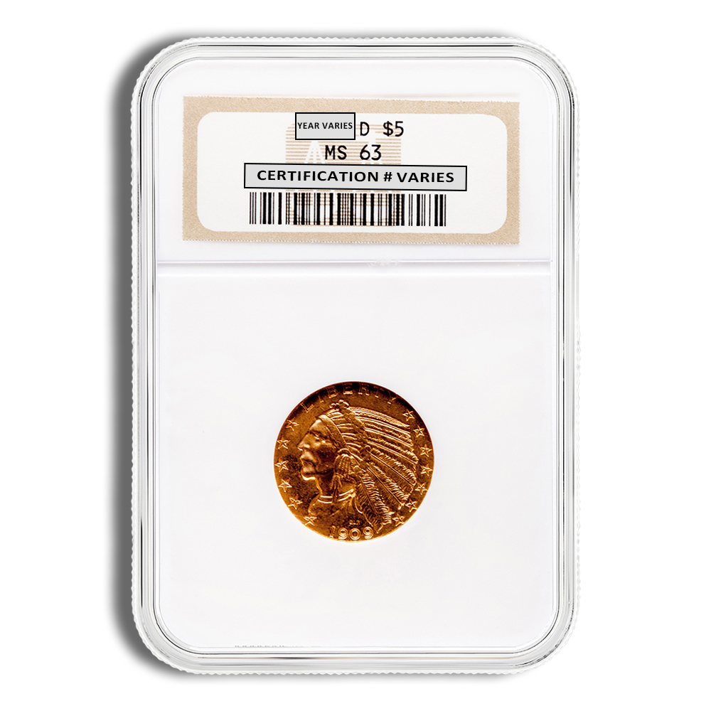 $5 Gold Indian Half Eagle - NGC MS63 (Random Year)