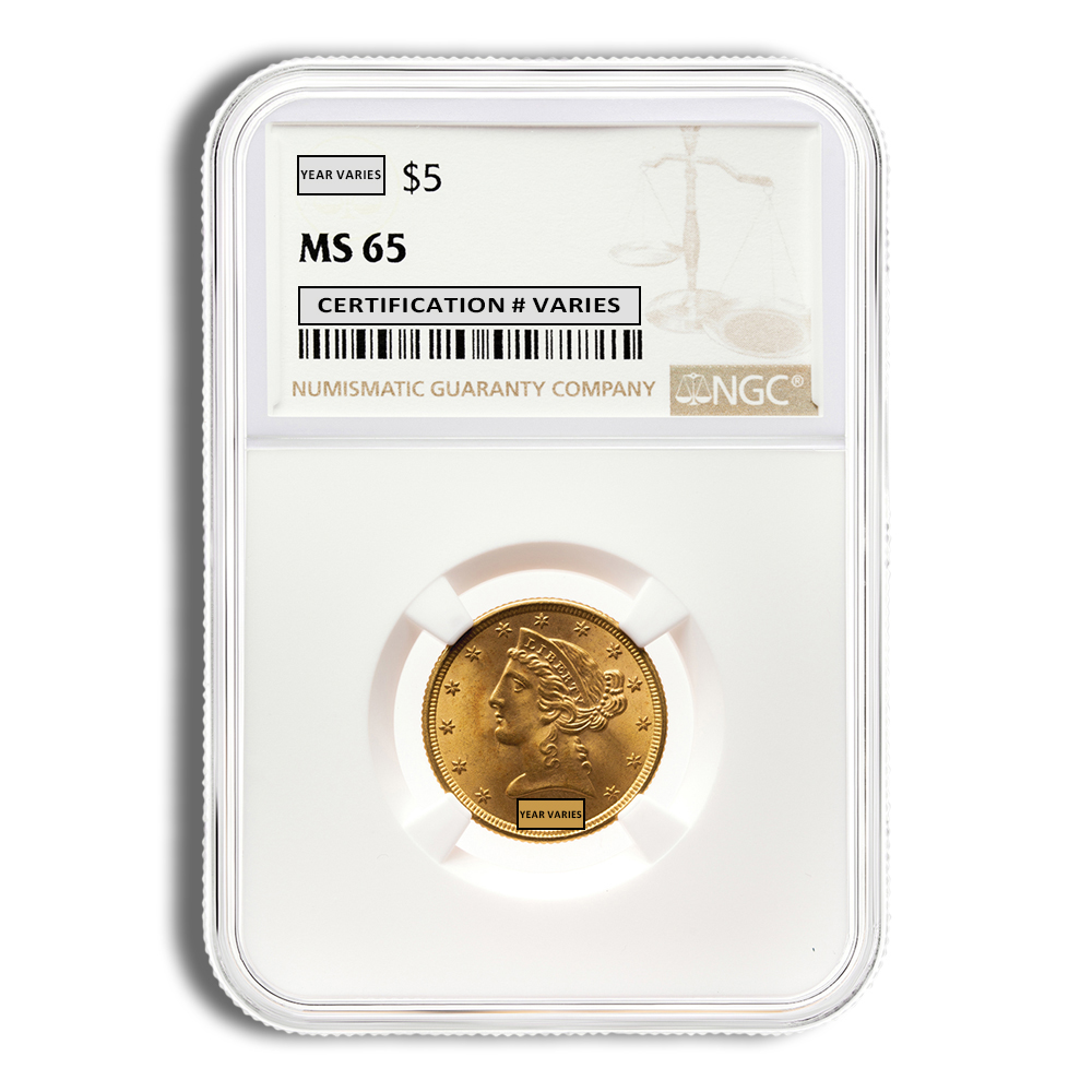 $5 Gold Liberty Half Eagle - NGC MS65 (Random Year)