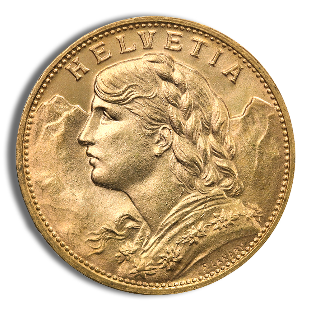 1897-1949 Switzerland Gold 20 Francs (Helvetia) - AU+