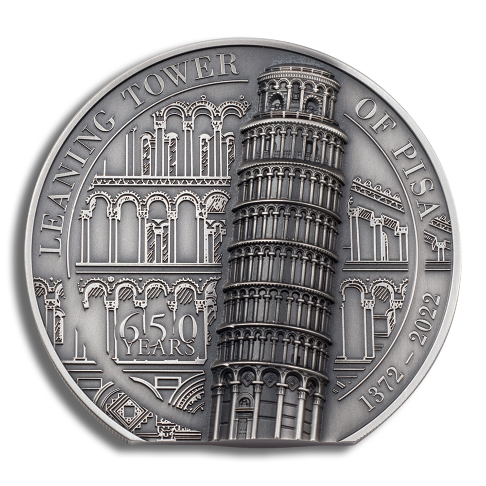 2022 5 Oz Silver Cook Islands $25 Leaning Tower of Pisa Coin - BU (with Box and COA)