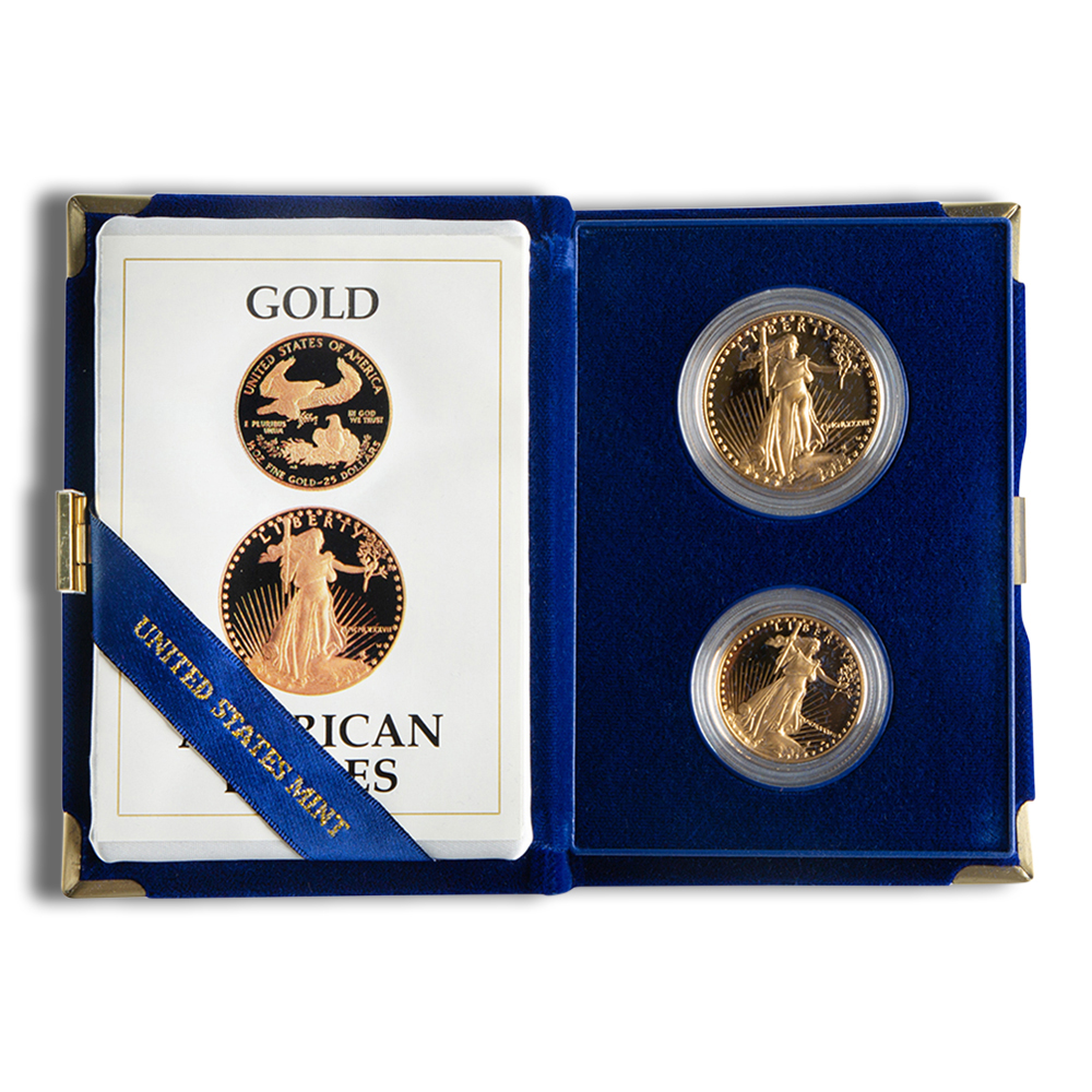 1987 Two Coin Proof Gold American Eagle Set 1 Oz, 1/2 Oz - BU (with Box and COA)