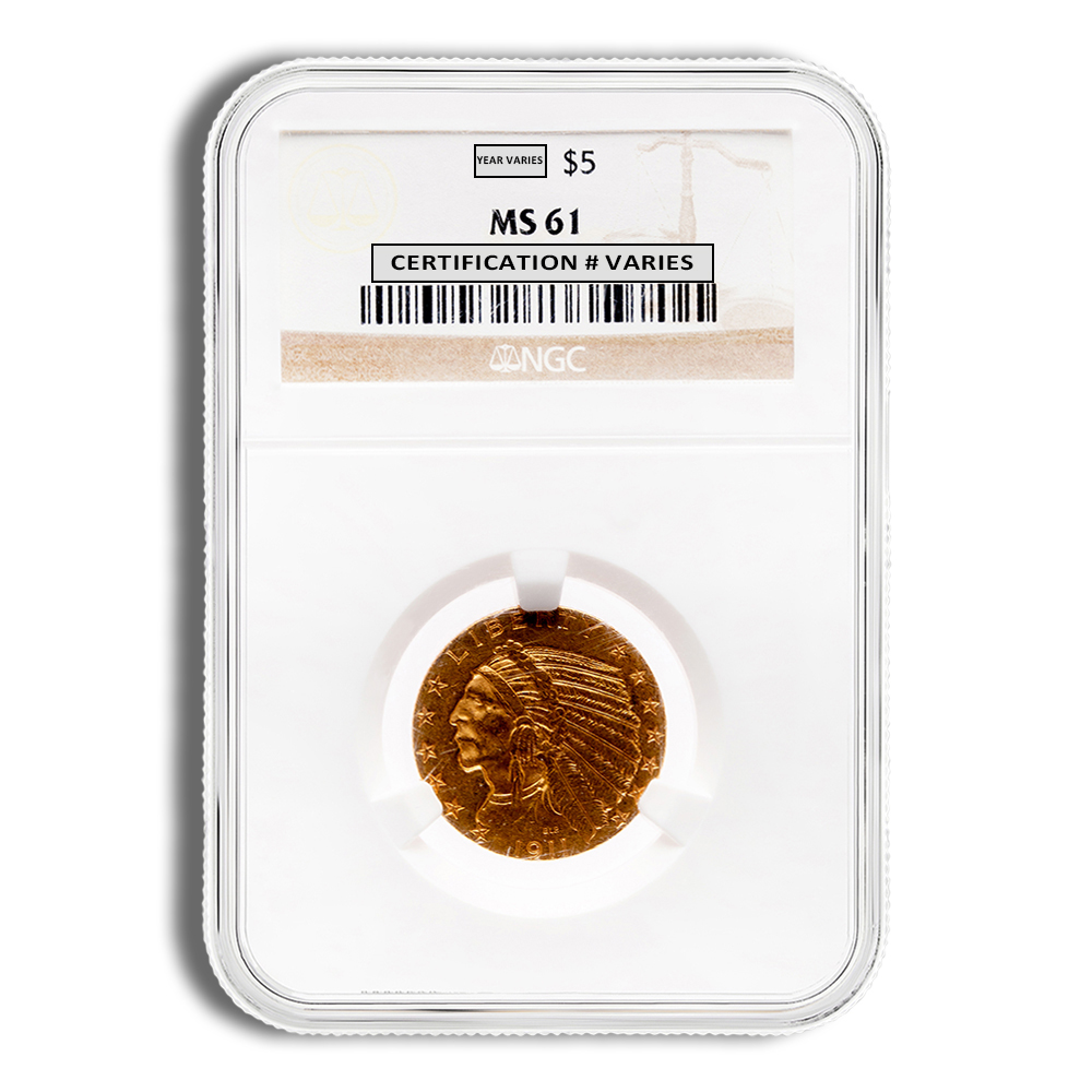 $5 Gold Indian Half Eagle - NGC MS61 (Random Year)