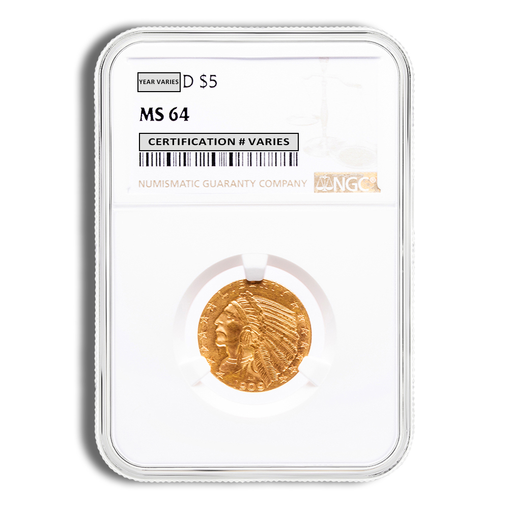 $5 Gold Indian Half Eagle - NGC MS64 (Random Year)