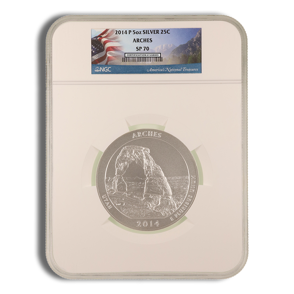 2014-P 5 Oz America The Beautiful Arches Silver Coin - NGC SP70